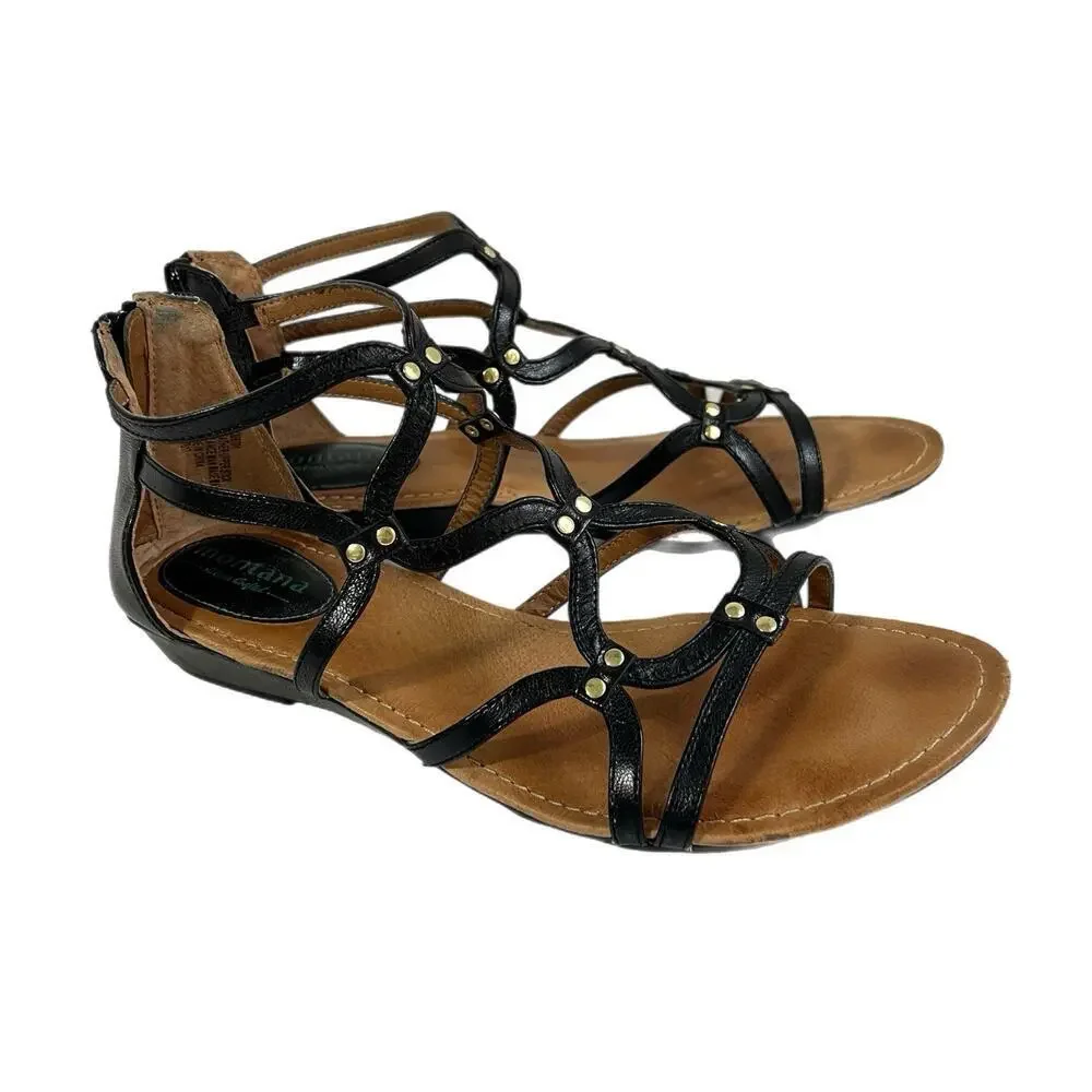Montana Artisan Crafted Women Leather Gladiator Sandals Size 10 Black Flat